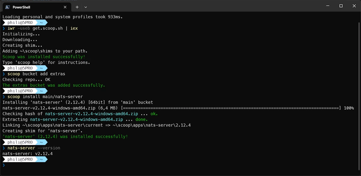 Installing scoop and nats-server under Windows and Powershell