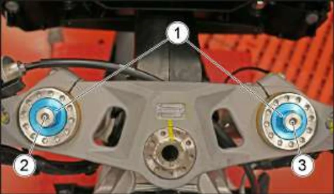 Doc Aprilia. 1=précharge 2=compression (tube de droite) 3=détente (tube de droite)