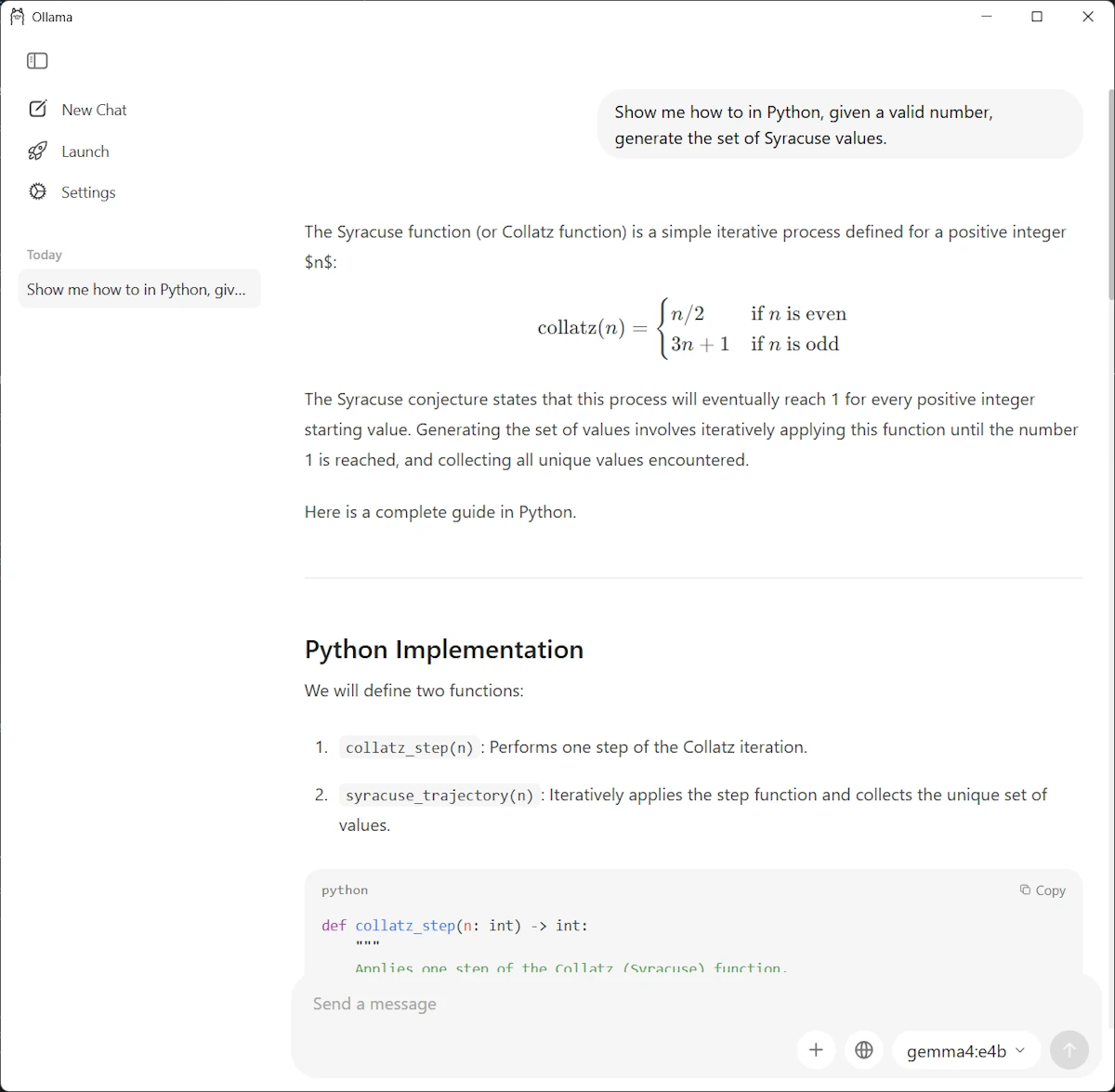 Using gemma4:e4B model in the Ollama Windows app